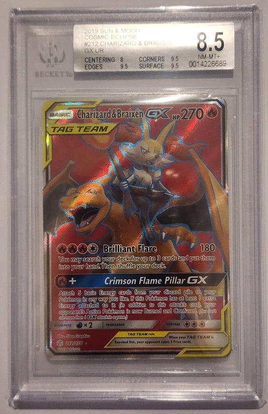 2019 Pokemon S&M Cosmic Eclipse Charizard & Braixen GX 212/236 - BGS 8.5