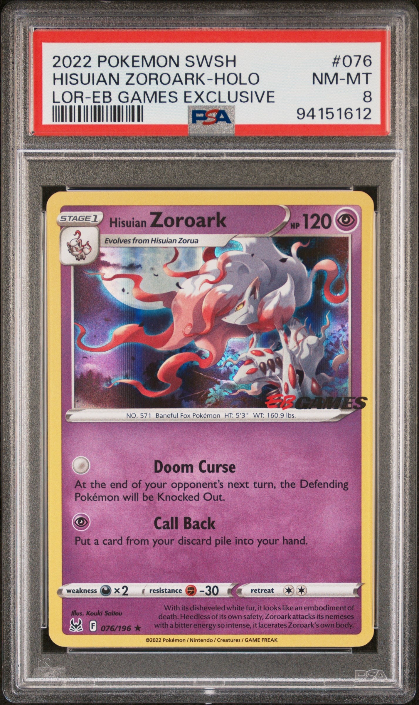 2022 Pokemon Sword & Shield Lost Origin 076 Hisuian Zoroark-Holo Lor-Eb Games Exclusive PSA 8