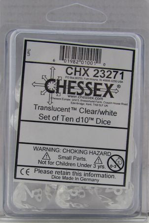 Chessex D10 Dice Translucent Clear/white Set of Ten d10s