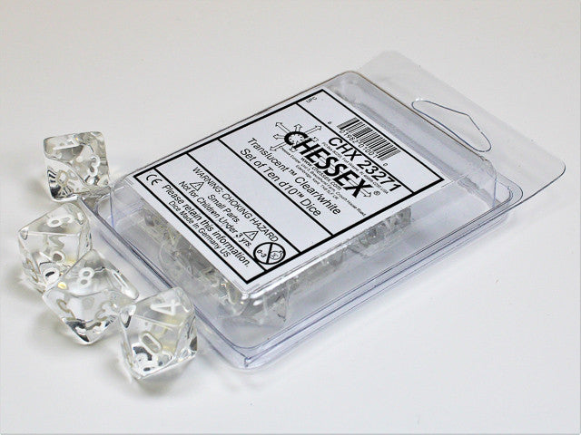 Chessex D10 Dice Translucent Clear/white Set of Ten d10s