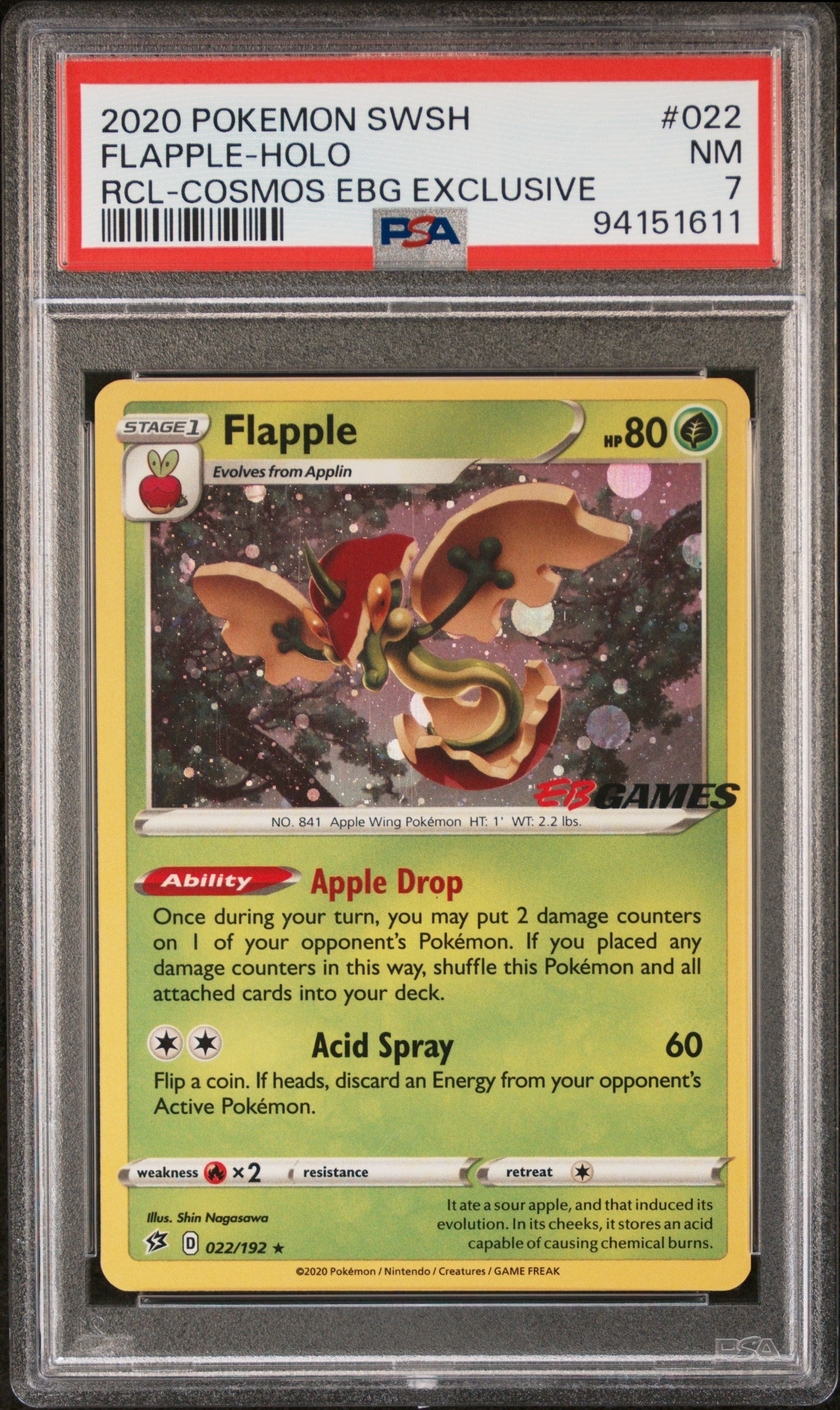 2020 Pokemon Sword & Shield Rebel Clash 022 Flapple-Holo Rcl-Cosmos Ebg Exclusive PSA 7