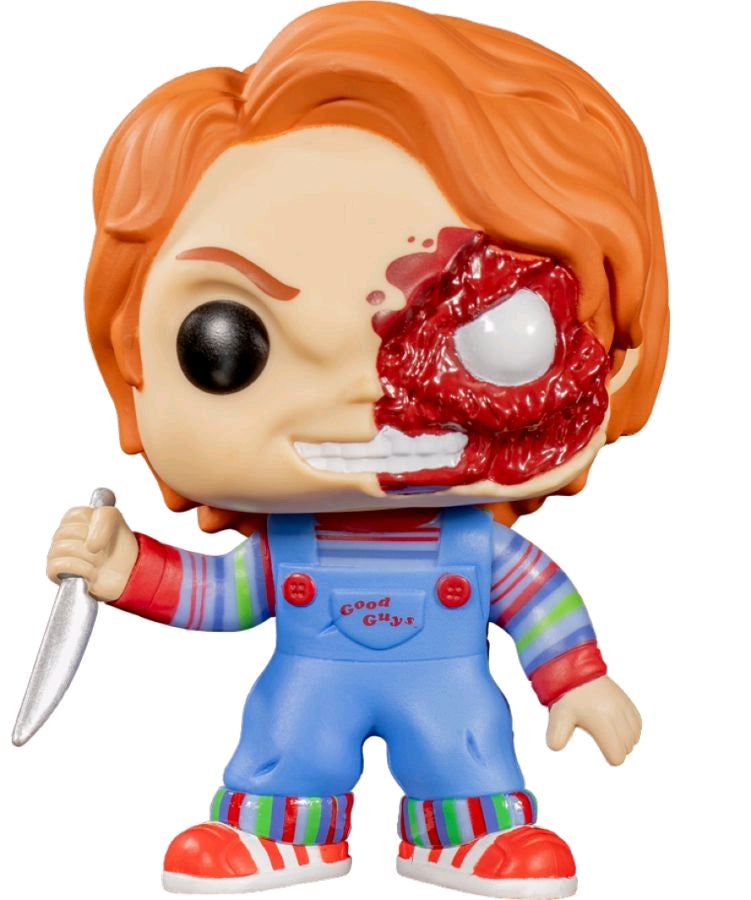 Child's Play - Chucky Half Battle Damaged US Exclusive Pop! Vinyl - Ozzie Collectables