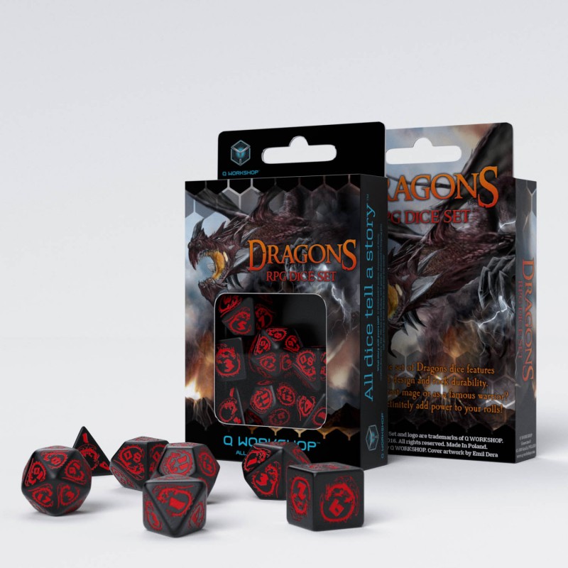 Q Workshop Dragon Black & Red Dice Set 7 - Ozzie Collectables