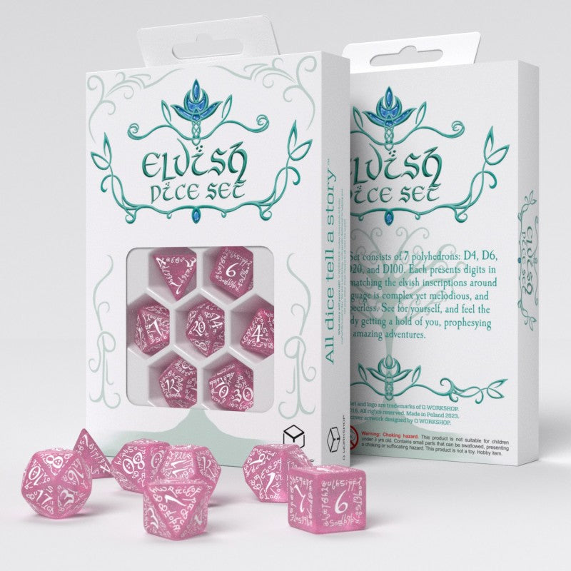 Q Workshop Elvish Dice Set - Shimmering Pink & White Dice Set 7