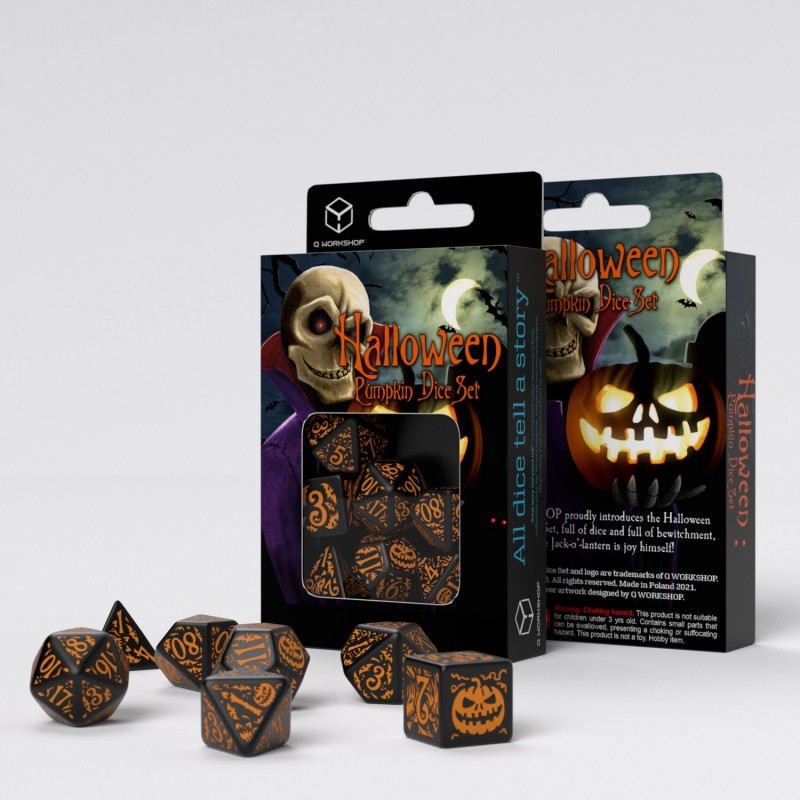 Q Workshop Halloween Pumpkin Black & Orange Dice Set 7