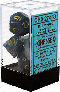 D7-Die Set Dice Phantom Polyhedral Teal/Gold (7 Dice in Display)